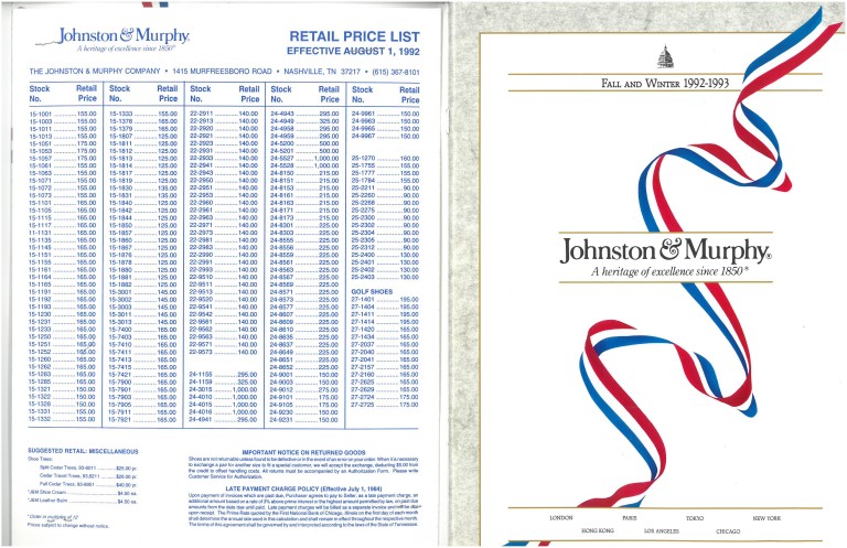 1992 Johnston Murphy Price Sheet